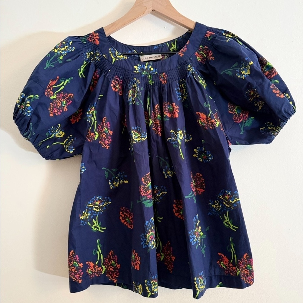 Ulla Johnson Celine Puff Sleeve Floral Blouse Midnight Navy Smocked Top 0 - Picture 5 of 5